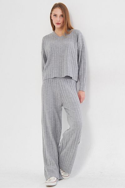 armonika Women's Gray V-Neck Double Knitwear Suit Arm-25K 012002