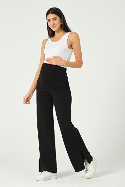 BUSA Hamile Esnek Karın Bantlı Yandan Yırtmaçlı Beli Ayarlanabilir Alt Eşofman Siyah