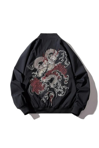 Gofeel Μπουφάν Harajuku Black Dragon Retro Unisex Bomber