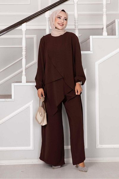 EBRUTESETTÜR Asymmetric Cut Aerobin Hijab - 2 Piece Brown Set