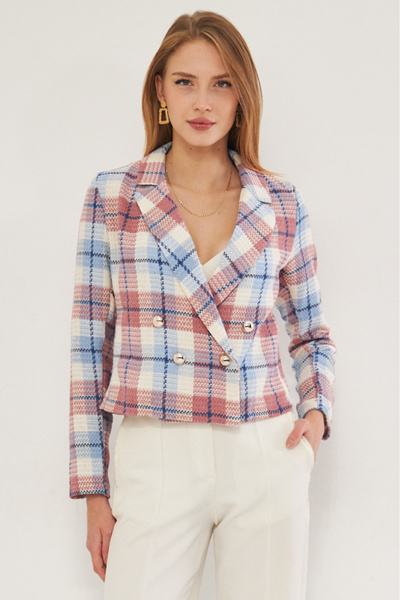 armonika Women's Baby Blue-Pink Double Breasted Collar Tweed Crop Jacket Arm-24K 001014