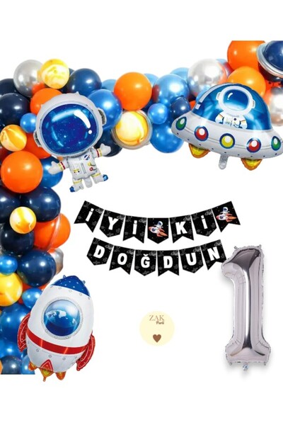 ZEAP Space Themed Birthday Set - Age Foil, 50 Balloons, Banner, Chain and Tape