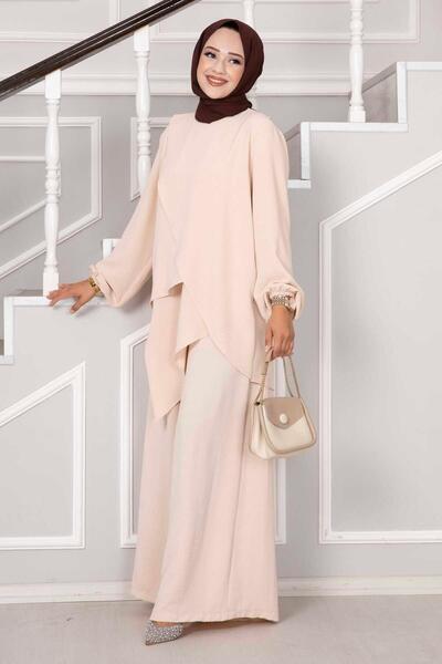 EBRUTESETTÜR Beige Color 2 Piece Asymmetrical Cut Aerobin Hijab Set