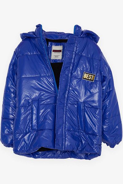 esso mandolin Boy's Coat Zippered Hooded Emblem 2-6 Years, Sax Blue