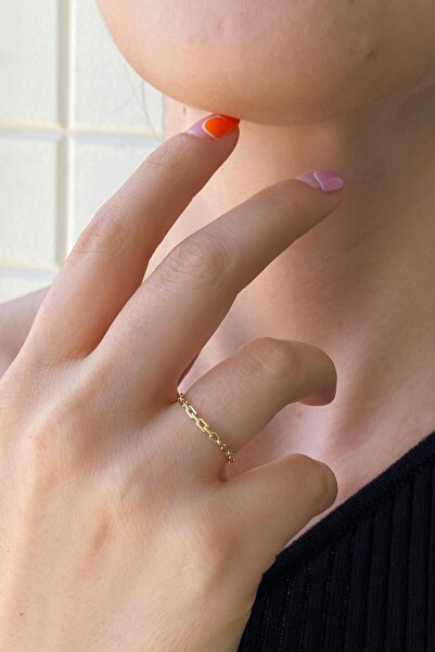 ZÜMRÜT SARRAF 14 Ayar Yeşil Altın Kadın Yüzük Minimal Zincir