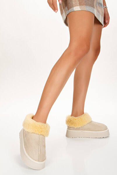 moun shoes Μπεζ σουέντ γούνινα μποτάκια με χοντρή σόλα - Tefis