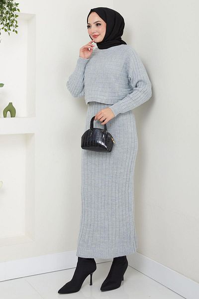 hafsamina Gray Knitwear Gilet Blouse and Trousers Set - Hm2551