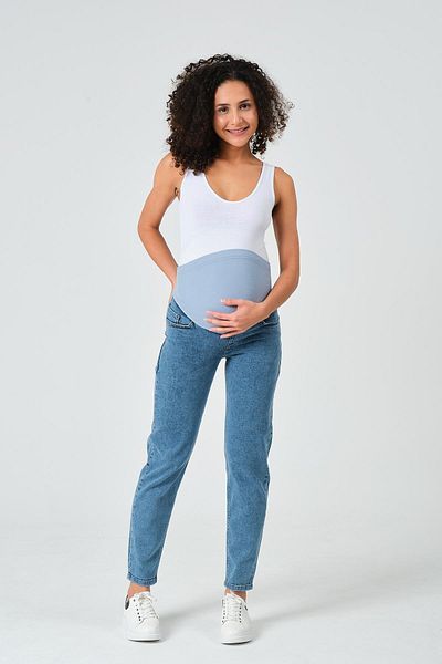 BUSA Pregnant Flexible Abdominal Banded Mom Fit Jeans Light Blue