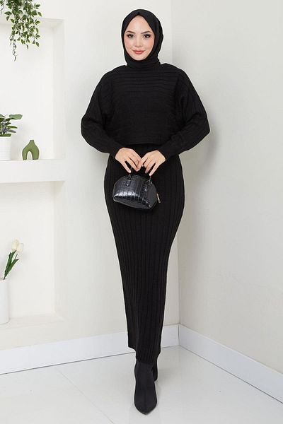 hafsamina Black Knitwear Gilet Blouse and Trousers Set - Hm2551