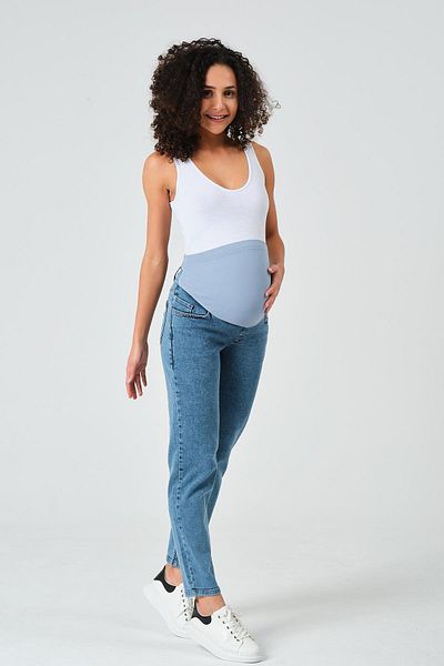 BUSA Pregnant Flexible Abdominal Banded Mom Fit Jeans Light Blue