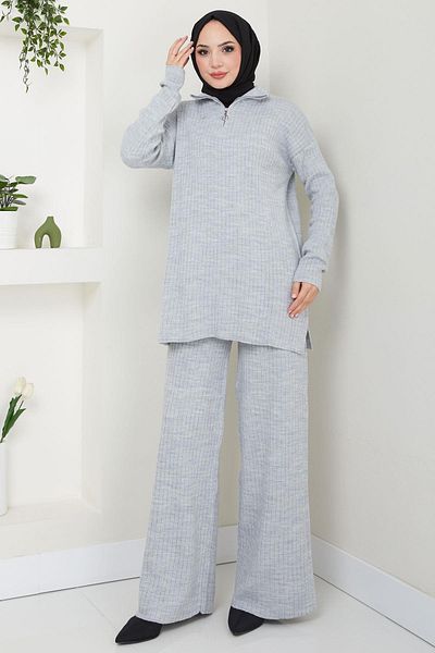 hafsamina Gray Corded Knitwear Set - Zippered Collar Hm2550