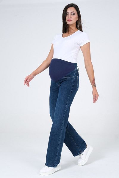 BUSA Pantaloni de denim cu picioare largi, cu bandă elastică, îmbrățișați pentru burtă de maternitate, cu centură la spate, albastru