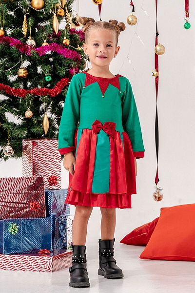 Beniizle Girl's Christmas Dress with Bow Detail and Clown Collar