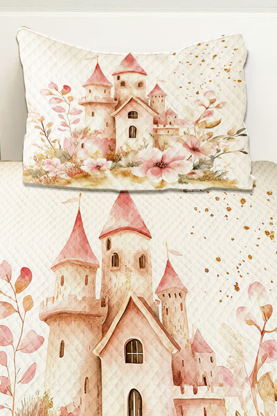 Else Dekor Pink Princess Castle Patterned Girl's Single Pique Set Quilted Bedspread