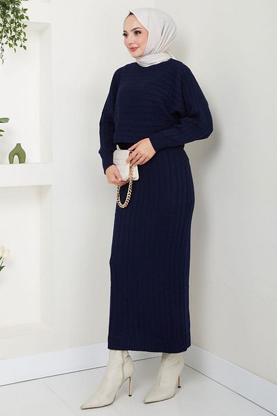 hafsamina Σετ μπλούζα και παντελόνι με πλεκτά Navy Blue Gilet - HM2551