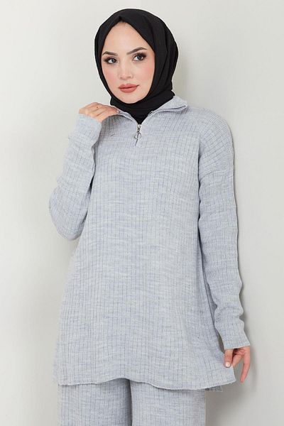 hafsamina Gray Corded Knitwear Set - Zippered Collar Hm2550