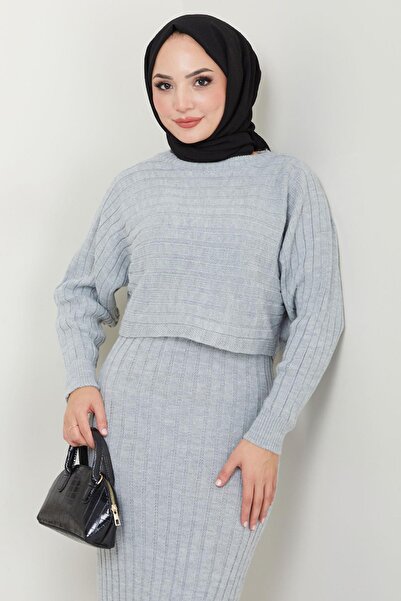 hafsamina Сірий трикотажний комплект з блузою та брюками - HM2551