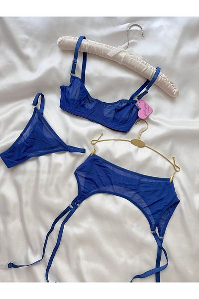 EDLİNGERİE Set de jartiere din tul albastru Saks Blue