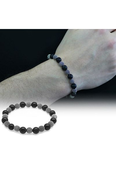 Tesbihane Gray Turtle Eye Metal Combination Globe Cut Natural Stone Bracelet