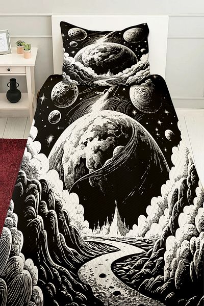 Else Dekor Set cuvertură de pat matlasată pentru copii, cu model Space Moon Planet, alb-negru