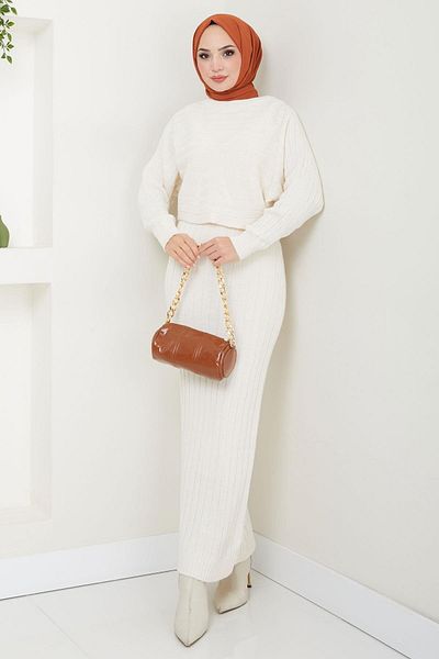 hafsamina Ecru Knitwear Gilet Blouse and Suit - Hm2551