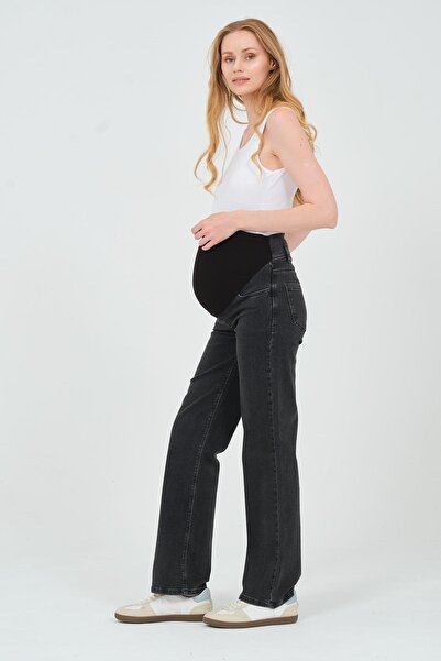 BUSA Smoke Colored Flexible and Belted Wide Leg Maternity Jeans