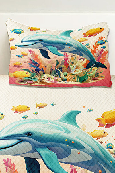 Else Dekor Fishes Dolphin Sea Patterned Girl's Single Pique Set Quilted Bedspread