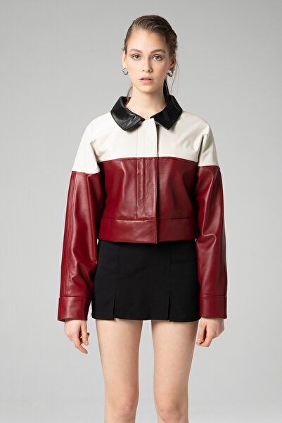 Dericlub Wm053 Crop Gerçek Deri Kadın Mont Bej/a.bordo