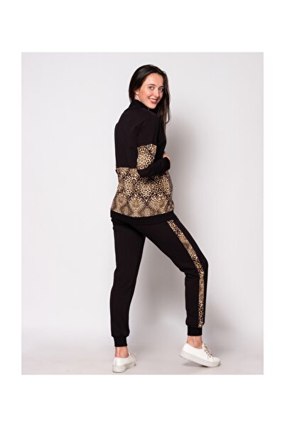 BUSA Hamile Leopar Detaylı Eşofman Takım Siyah