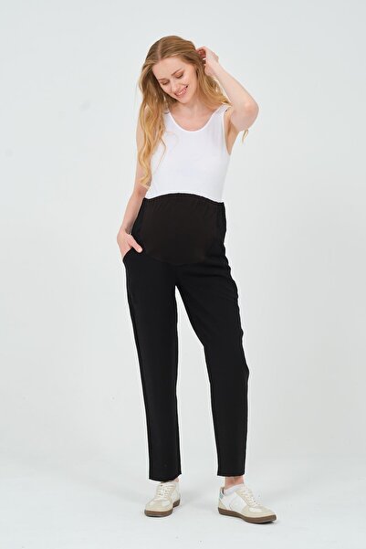 BUSA Maternity Stretchable Abdominal Band Adjustable Waist Mom Fit Gabardine Trousers Black