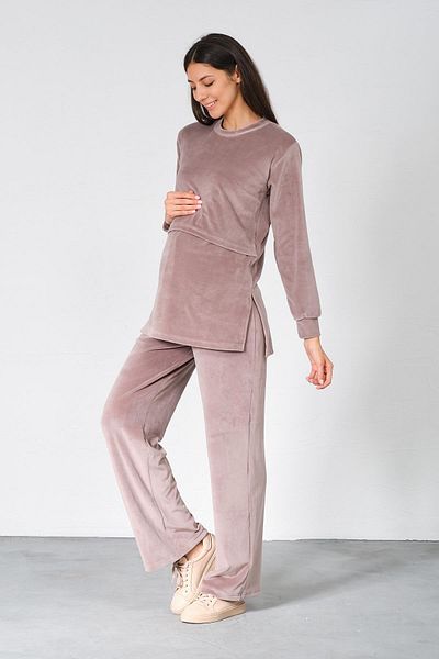 BUSA Pregnant Wide Leg Breastfeeding Detailed High Waist Velvet Set Mink