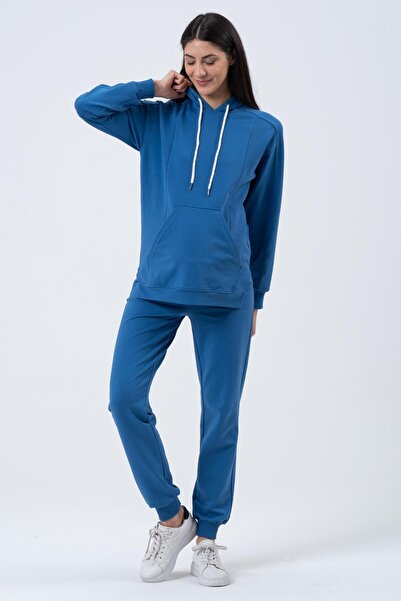 BUSA Maternity Breastfeeding Detailed Two-Thread Stretchy Abdominal Band Tracksuit Set Indigo