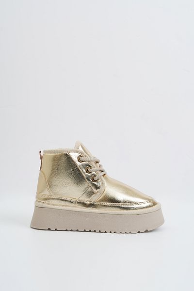 Feyz istanbul Women's Gold Leather Sheepskin Boots with Thick Soles and Laces - Uga