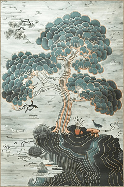 Rugs Modern Halı Paris Collection Gray Blue Tones Mythological Tree and River Patterned Modern Decorative Rug 124