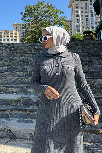 QLAY Γυναικείο φόρεμα ανθρακί με κουμπιά κοτλέ