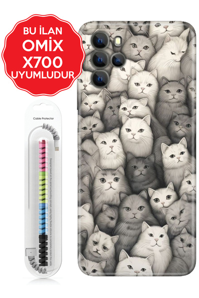 omix X3 X5 X6 X7 X300 X400 X500 X600 X700 Kılıf Kablo Korumalı Karakalem Kedi