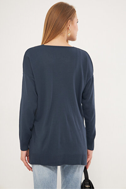 armonika Women's Navy Blue V-Neck Front Short Rear Long Knitwear Sweater ARM-22Y012013