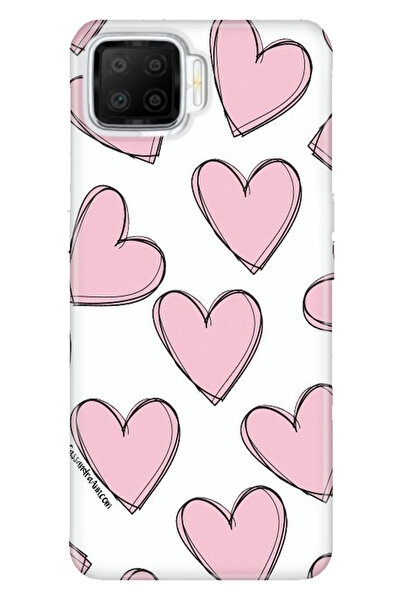 OPPO A73 Uyumlu Kılıf Silikon Desenli Tam Koruma Resimli Kapak Pembe Çizgili Kalpler