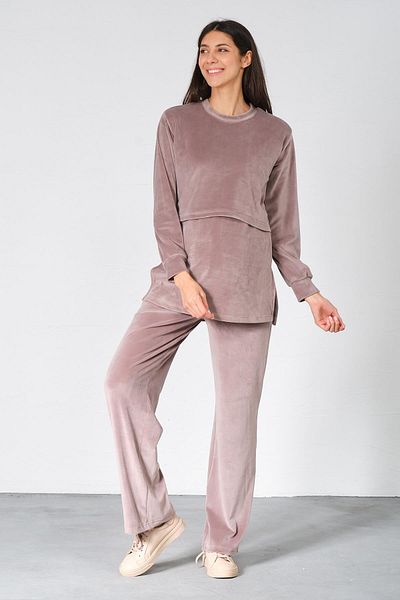 BUSA Pregnant Wide Leg Breastfeeding Detailed High Waist Velvet Set Mink