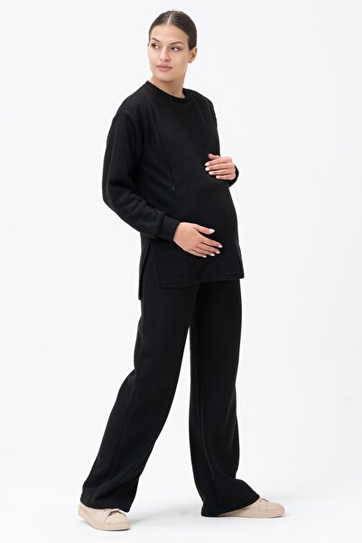 BUSA Hamile Emzirme Detaylı Yüksek Bel Bol Paça Yumuşak Dokulu Triko Takım Siyah
