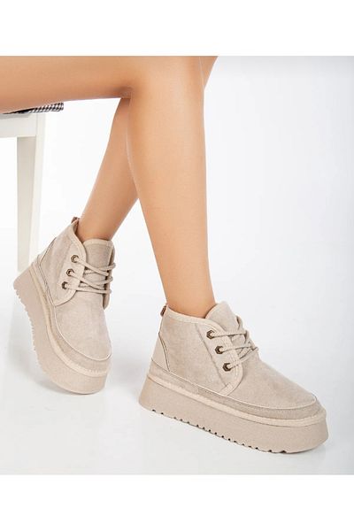 Feyz istanbul Beige Suede Women's Boots - Thick Sole, Lace-Up and Fur Uga