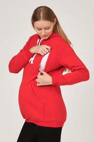BUSA Pregnant Breastfeeding Detailed Thermal Hooded Sweatshirt Red