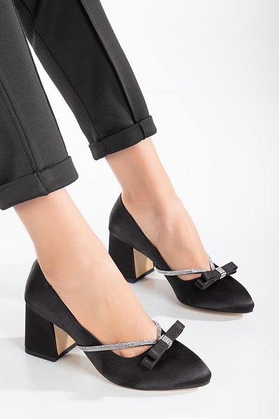 Dilimler Ayakkabı Bow Stone Detailed Satin Black Large Size Women's Shoes Heels
