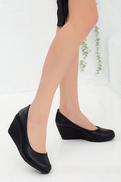 Dilimler Ayakkabı Wedge Sole Faux Leather Orthopedic Black Women's Wedge Heeled Shoes