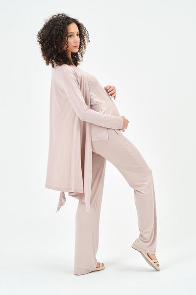 BUSA Maternity Triple Combed Set (Strapped T-shirt - Cardigan - Wide Leg Bottom) Beige