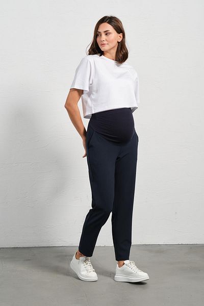 BUSA Pregnant Flexible Abdominal Banded Waist Adjustable Mom Fit Classic Gabardine Trousers Navy Blue