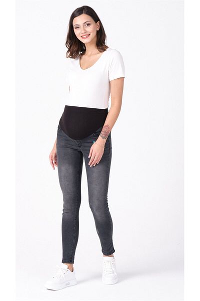 BUSA Pregnant Stretchy Abdominal Banded Skinny Jeans with Back Belt Anthracite