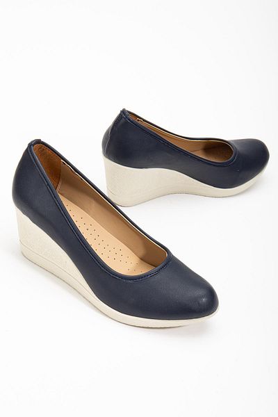 Dilimler Ayakkabı Wedge Sole Faux Leather Orthopedic Navy Blue Women's Wedge Heeled Shoes