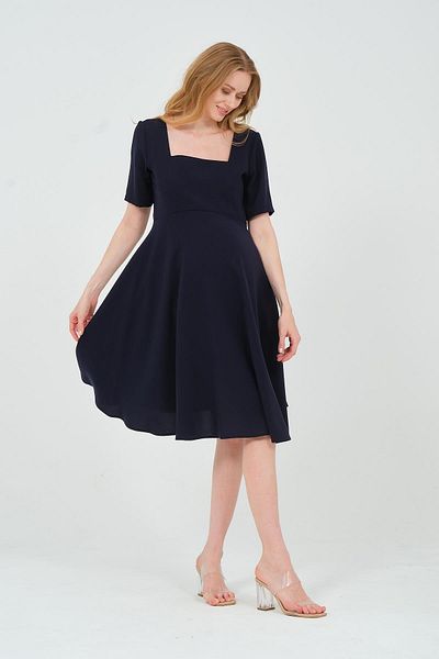 BUSA Navy Blue Midi Maternity Evening Dress - Short Sleeve, Square Collar