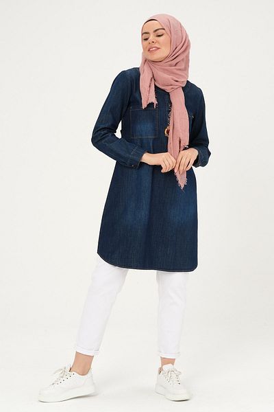 BUSA Îmbrăcăminte Buzunar frontal Hijab Tunica Denim Albastru